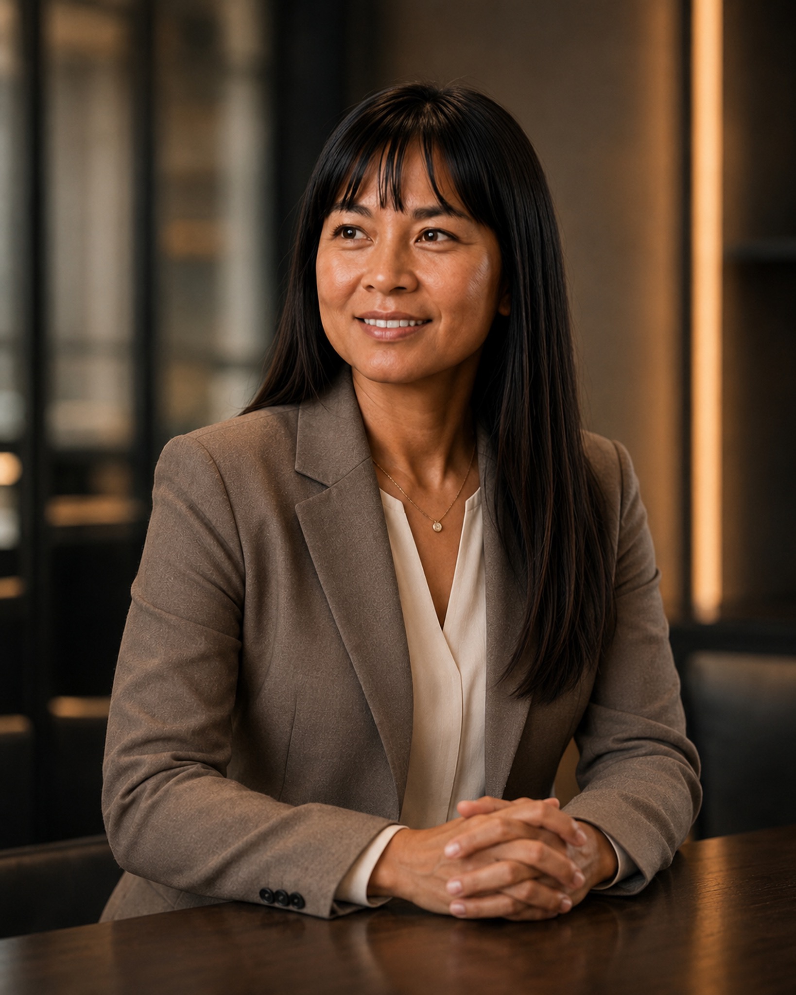 Portrait of Dee Grieger in a warm-stone blazer seated at a table in a professional setting.