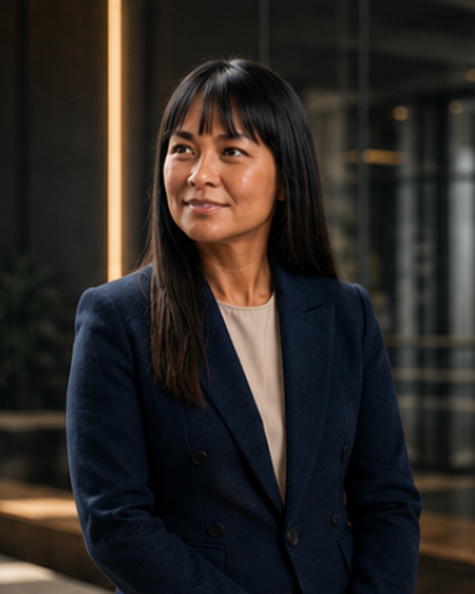 Portrait of Dee Grieger in a navy blazer in a softly lit professional setting.