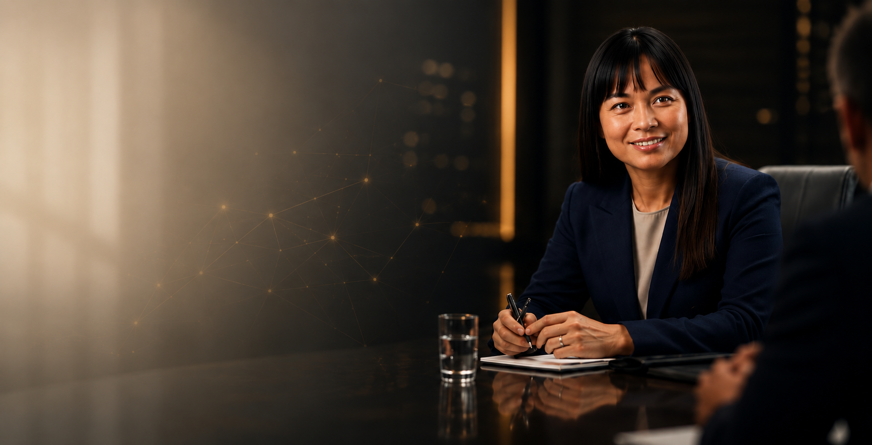 Dee Grieger in a calm executive boardroom setting
