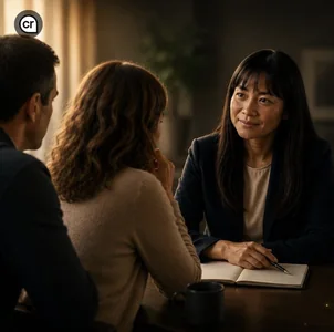 Executive listening in conversation with colleagues.
