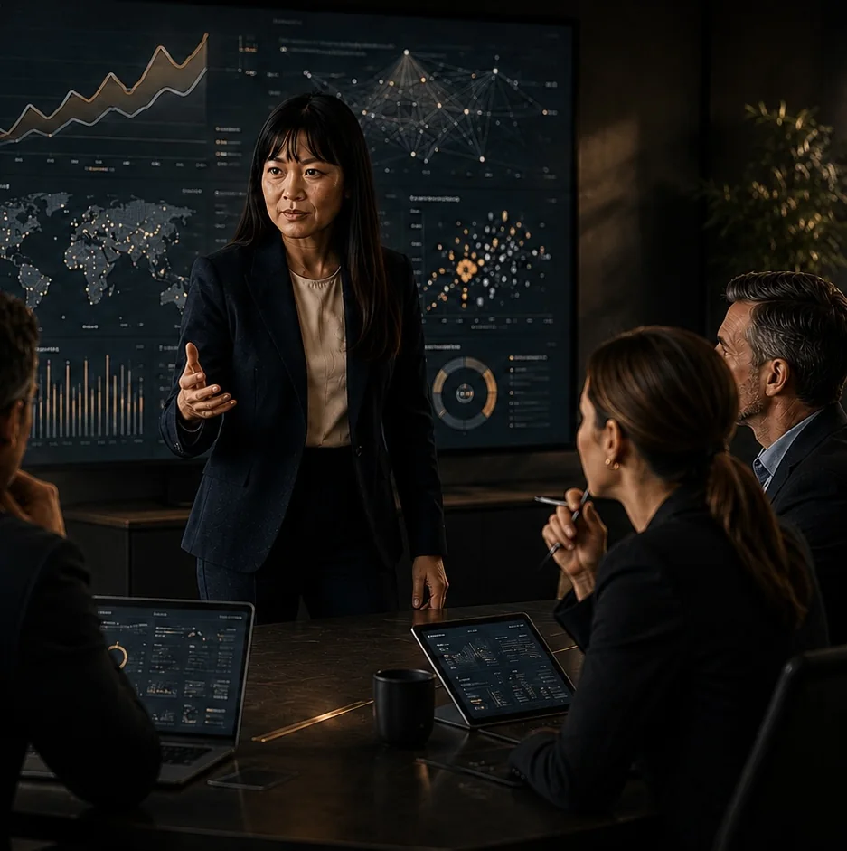 Technology leadership discussion in a meeting room with data displays.